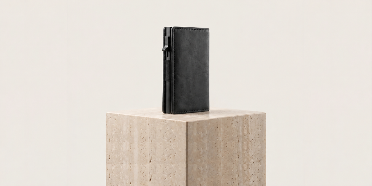 Schwarzer Slim Wallet 2.0 geschlossen auf einem hellen Sockel