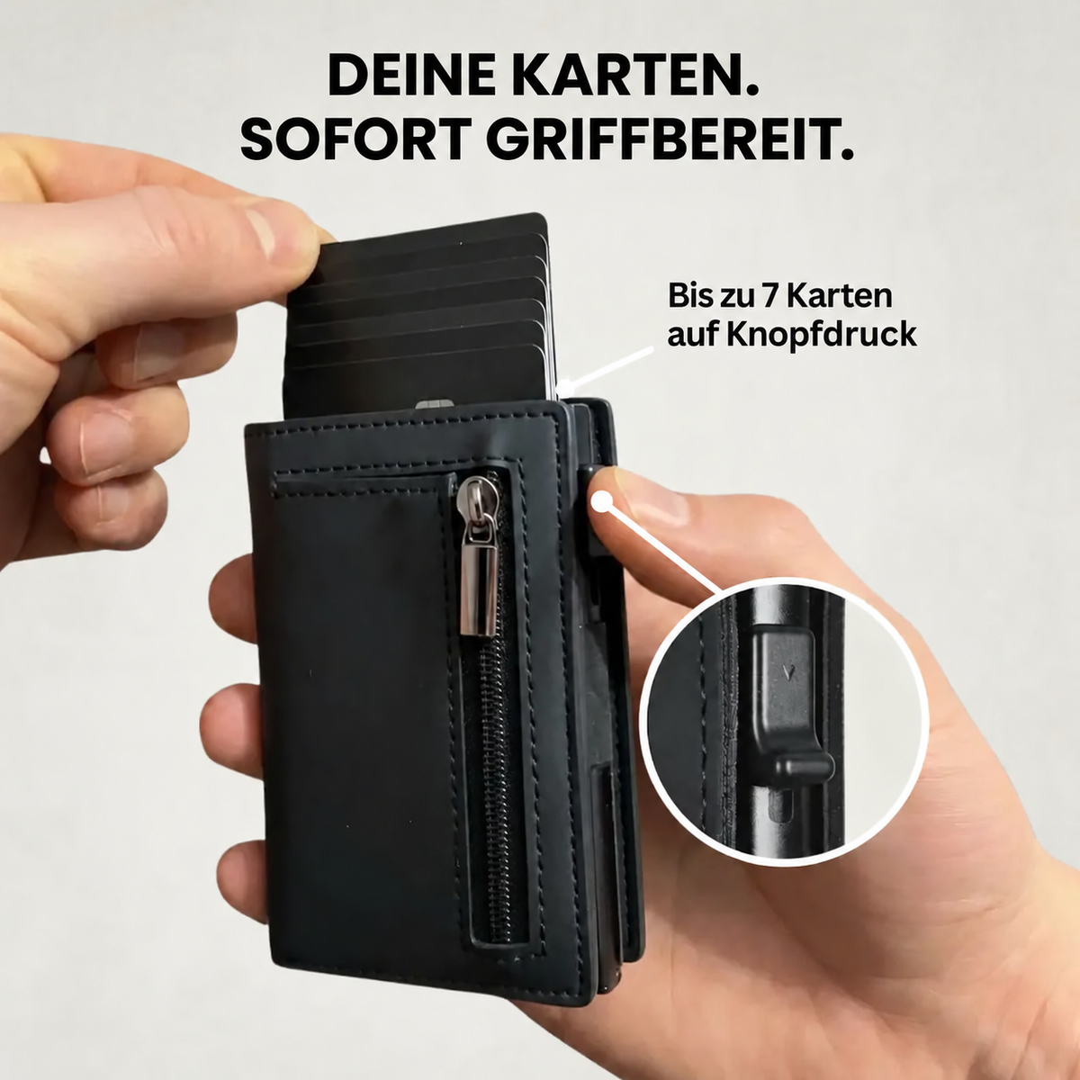 Schwarzer Slim Wallet 2.0 mit ausgefahrenen Karten und seitlichem Auslöser