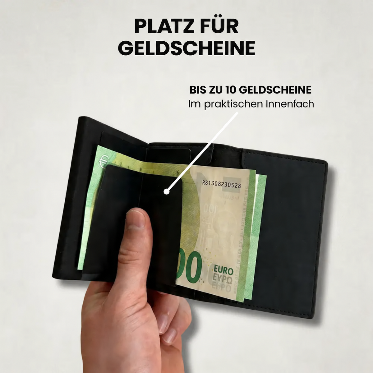 Geöffneter Slim Wallet 2.0 mit Euro-Geldscheinen im Innenfach