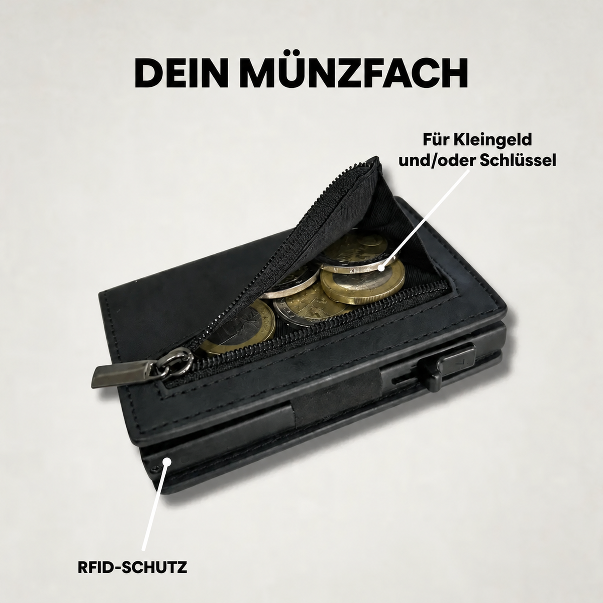 Münzen im geöffneten rückseitigen Reißverschlussfach des Slim Wallet 2.0