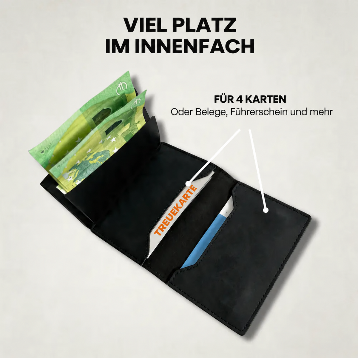 Geöffneter Slim Wallet 2.0 mit Geldscheinen und Karten in den Innenfächern