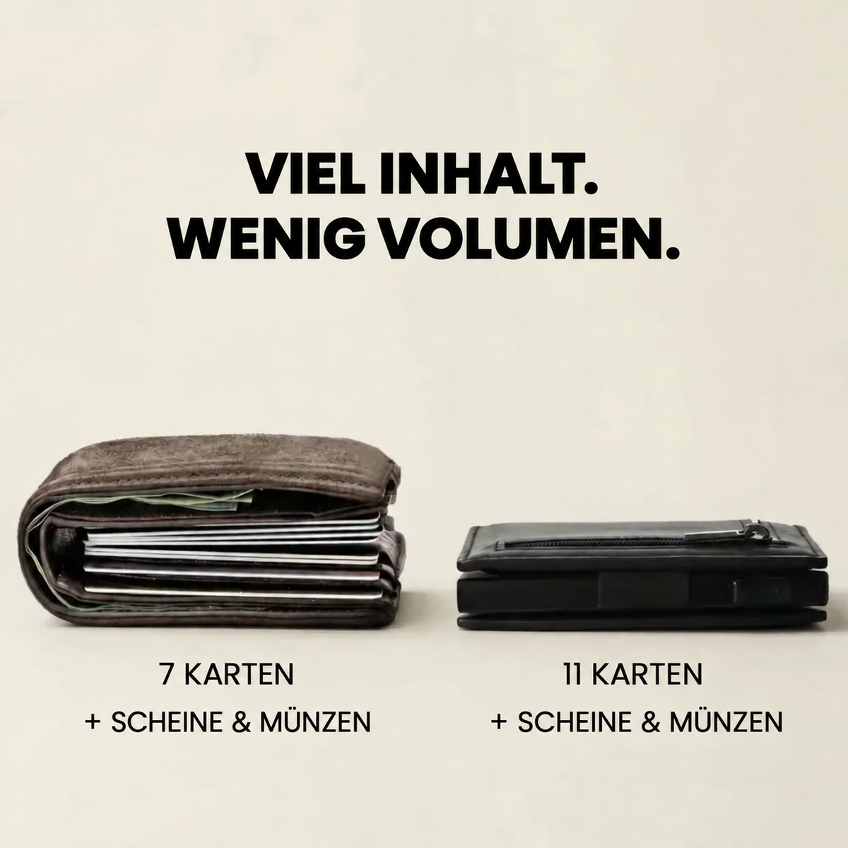 Seitenvergleich einer gefüllten klassischen Geldbörse und des flachen Slim Wallet 2.0