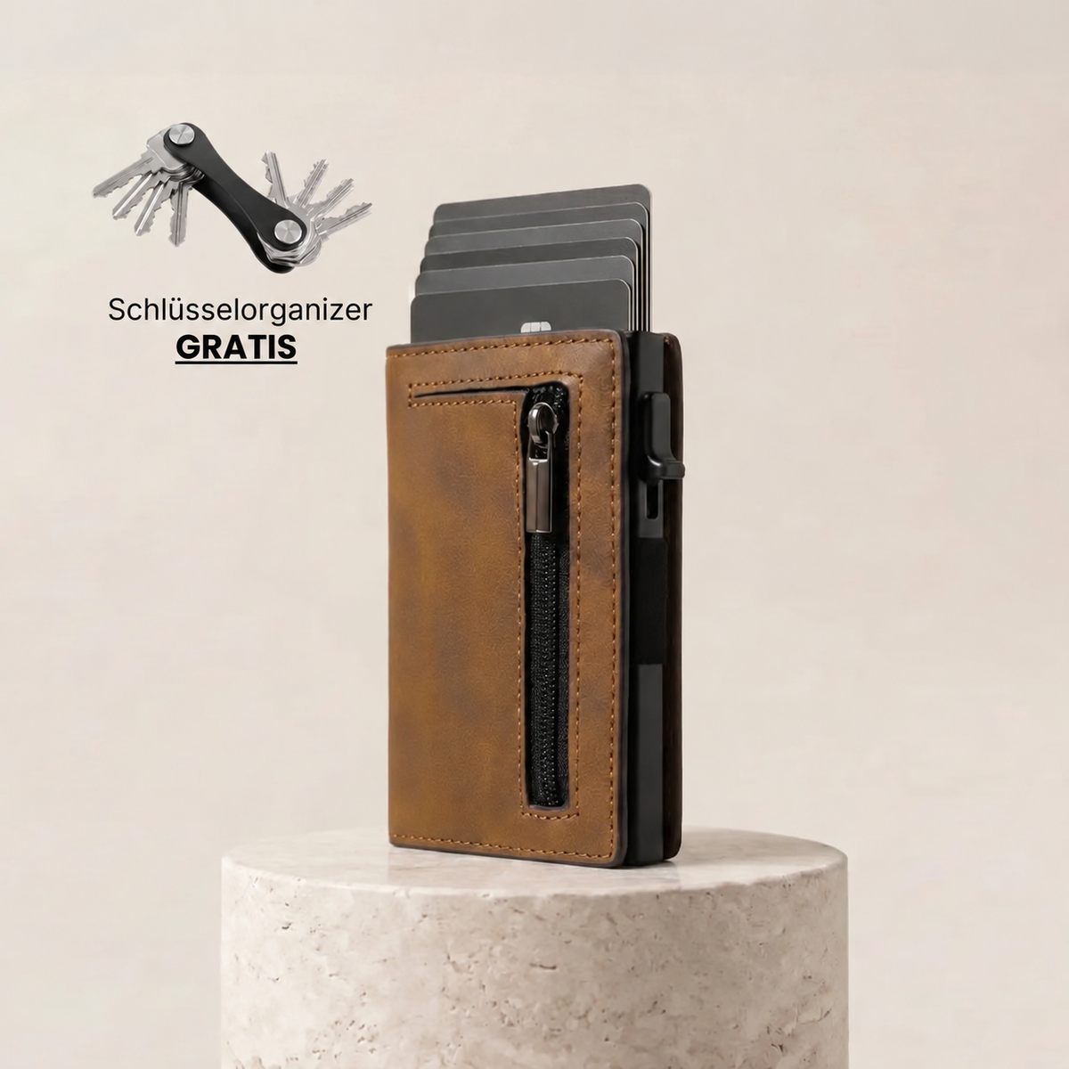 Brauner Slim Wallet 2.0 mit ausgefahrenen Karten und Schlüsselorganizer als Geschenk