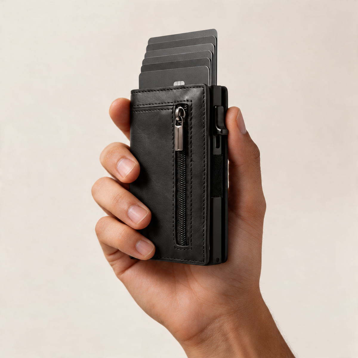 Eine Hand hält den schwarzen Slim Wallet 2.0 mit ausgefahrenen Karten